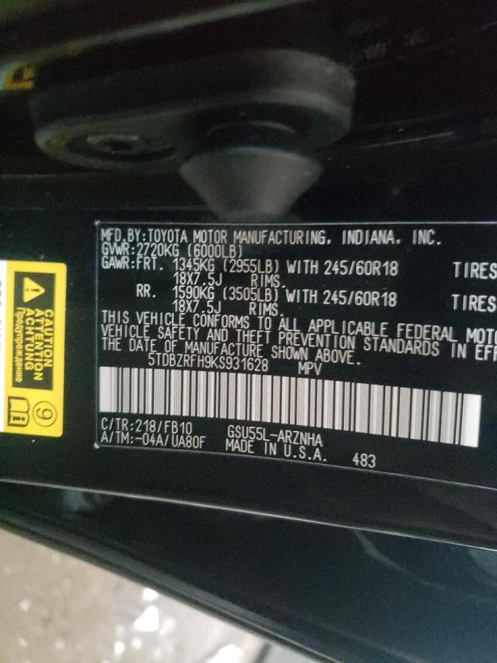 Photo 10 from auction – 2019 TOYOTA HIGHLANDER with VIN 5TDBZRFH9KS931628