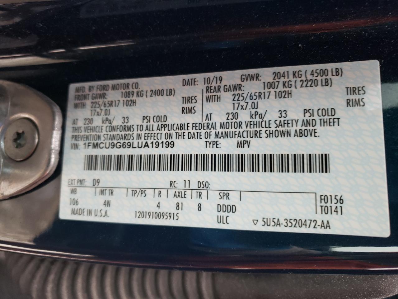 Photo 10 from auction – 2020 FORD ESCAPE SE with VIN 1FMCU9G69LUA19199