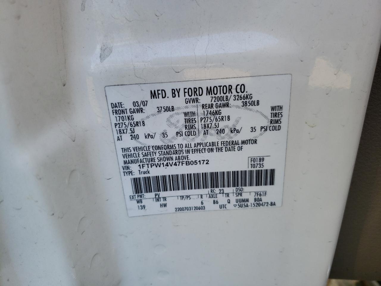 Photo 10 from auction – 2007 FORD F150 SUPER with VIN 1FTPW14V47FB05172