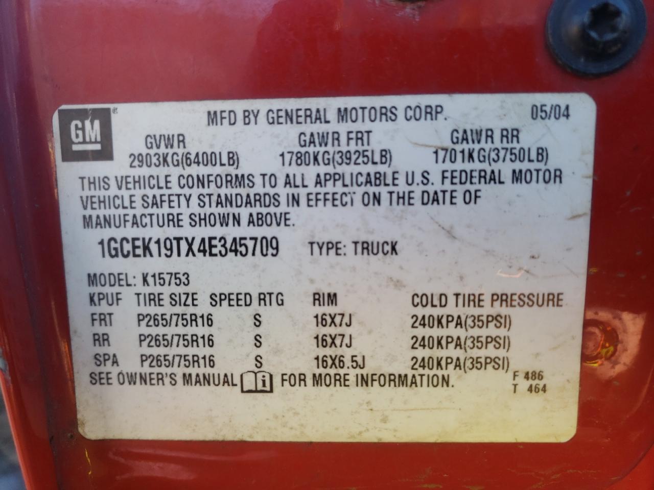 Photo 10 from auction – 2004 CHEVROLET SILVERADO with VIN 1GCEK19TX4E345709