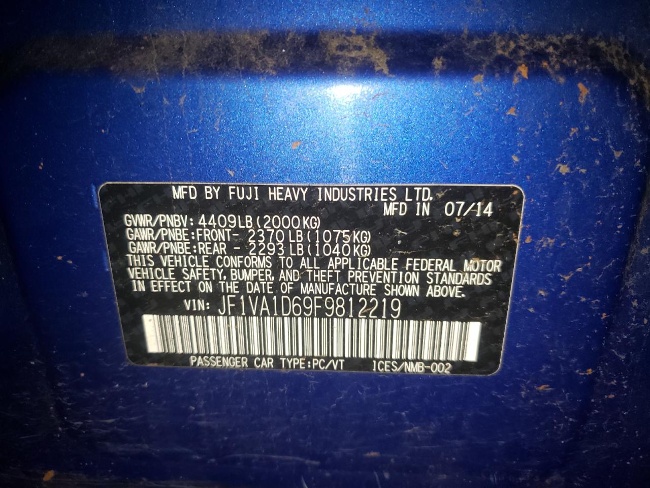 Photo 10 from auction – 2015 SUBARU WRX PREMIU with VIN JF1VA1D69F9812219