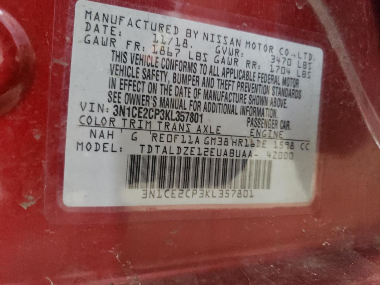 Photo 10 from auction – 2019 NISSAN VERSA NOTE with VIN 3N1CE2CP3KL357801