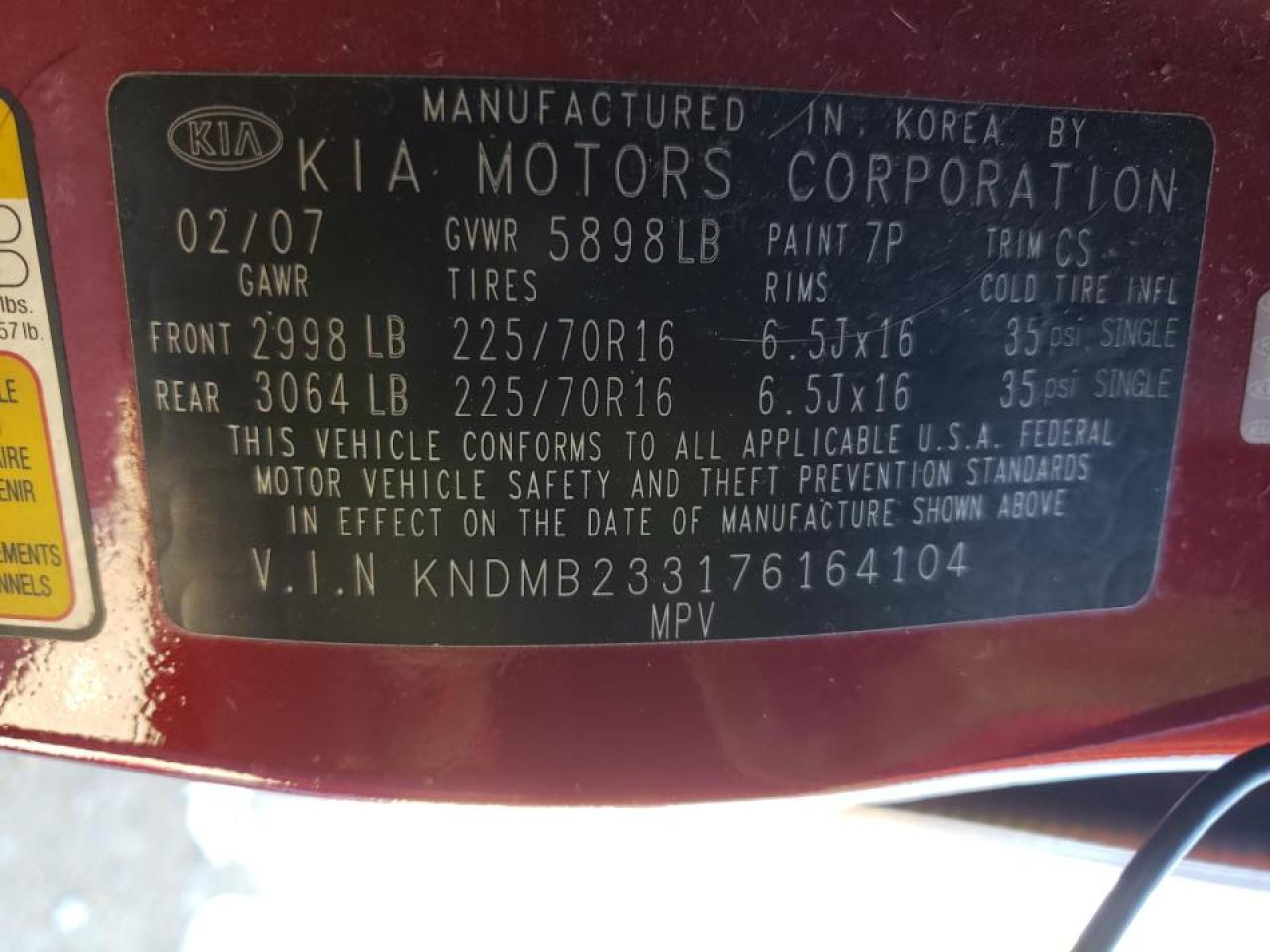 Photo 10 from auction – 2007 KIA SEDONA EX with VIN KNDMB233176164104