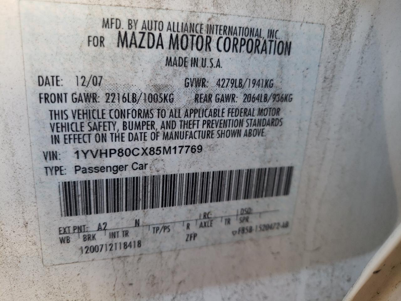 صورة رقم 10 من المزاد - 2008 MAZDA 6 I مع VIN 1YVHP80CX85M17769