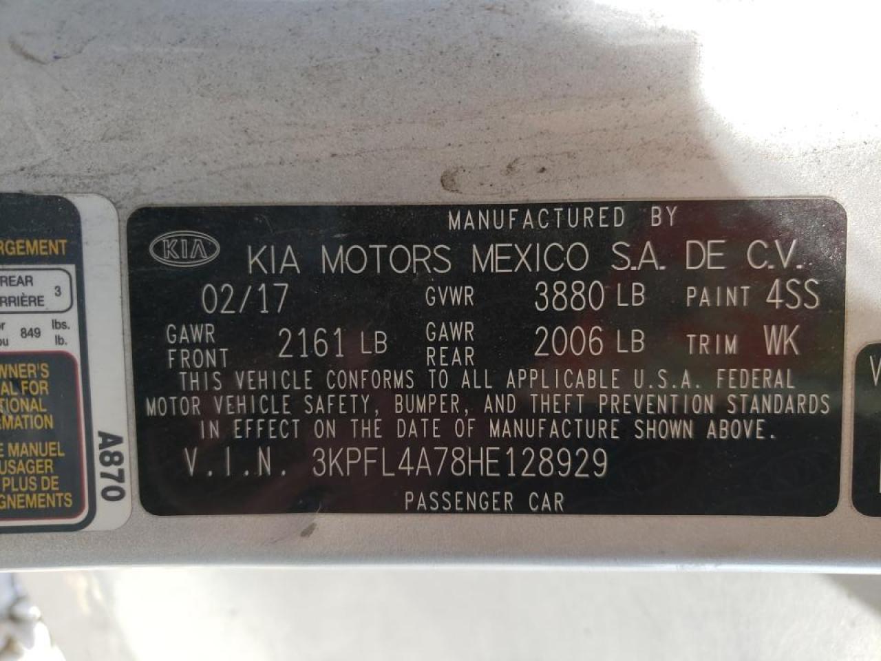 Photo 10 from auction – 2017 KIA FORTE LX with VIN 3KPFL4A78HE128929