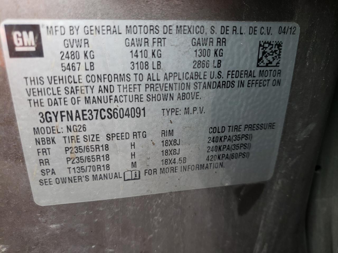 Photo 10 from auction – 2012 CADILLAC SRX LUXURY with VIN 3GYFNAE37CS604091