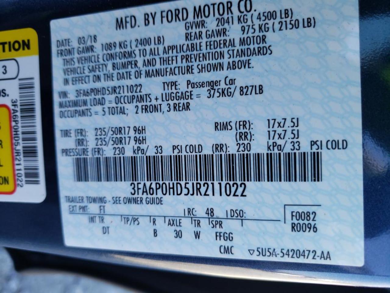 Photo 10 from auction – 2018 FORD FUSION SE with VIN 3FA6P0HD5JR211022