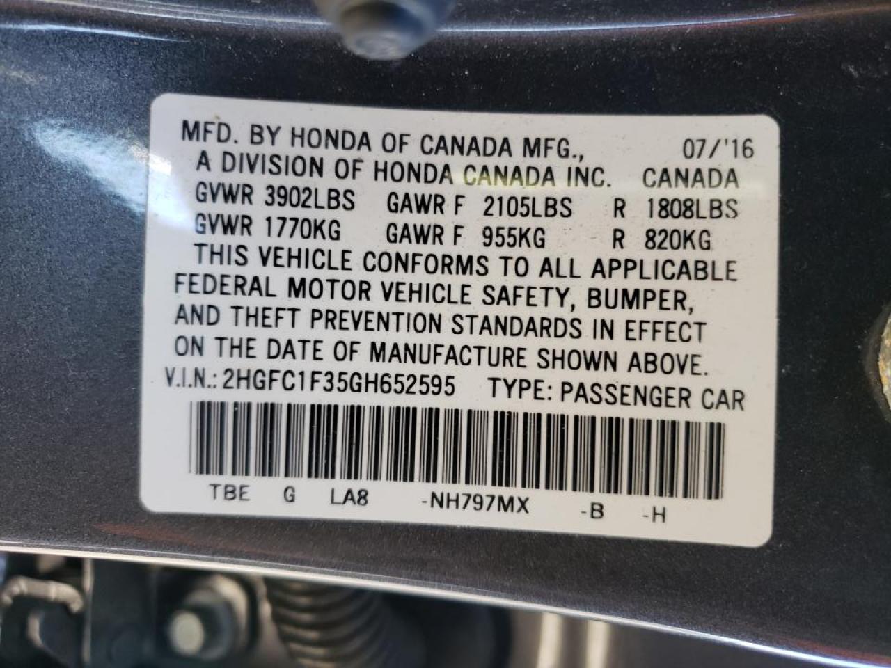 Photo 10 from auction – 2016 HONDA CIVIC EX with VIN 2HGFC1F35GH652595