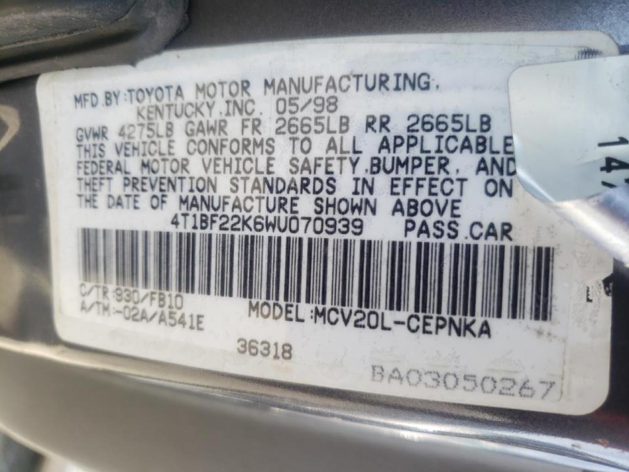 Photo 10 from auction – 1998 TOYOTA CAMRY CE with VIN 4T1BF22K6WU070939