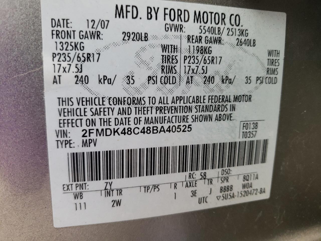 Photo 10 from auction – 2008 FORD EDGE SEL with VIN 2FMDK48C48BA40525