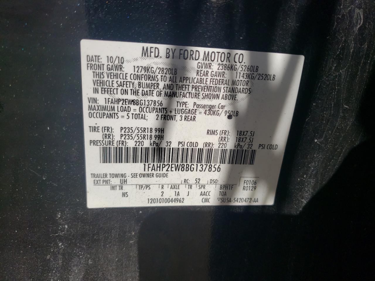 Photo 10 from auction – 2011 FORD TAURUS SEL with VIN 1FAHP2EW8BG137856