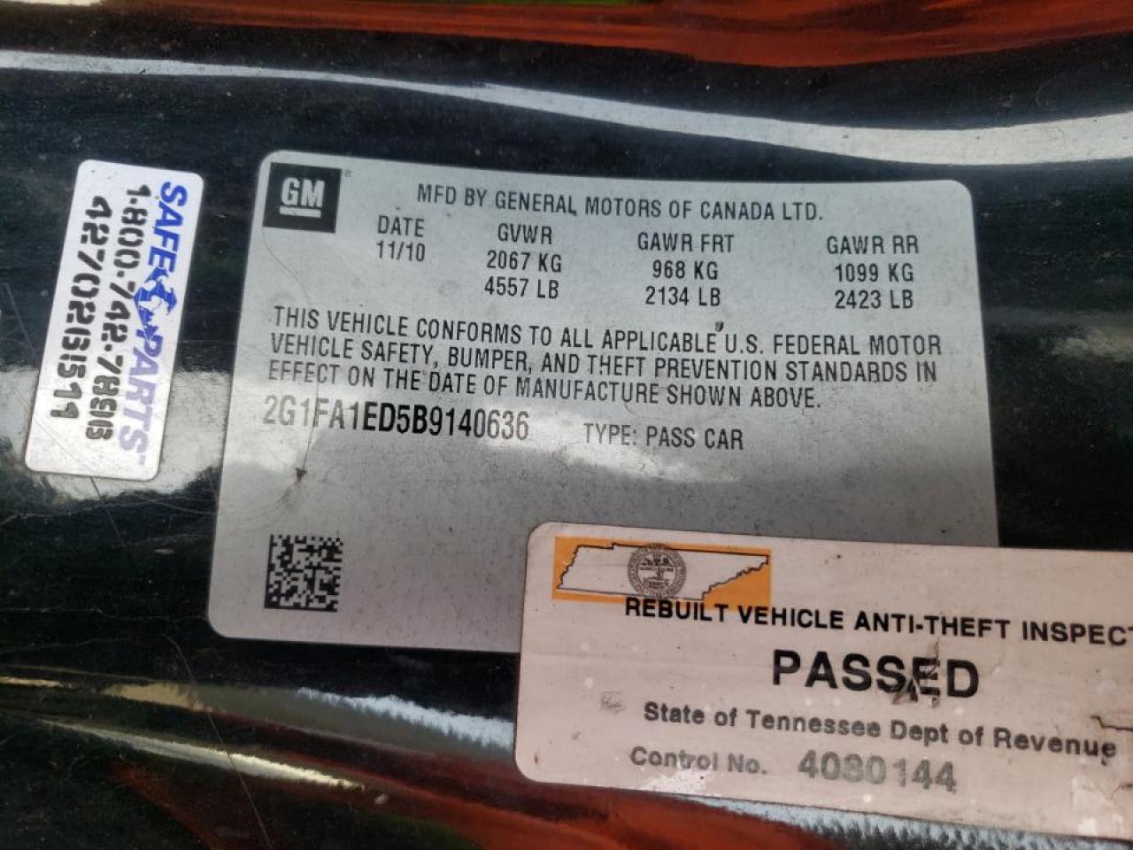 Photo 10 from auction – 2011 CHEVROLET CAMARO LS with VIN 2G1FA1ED5B9140636