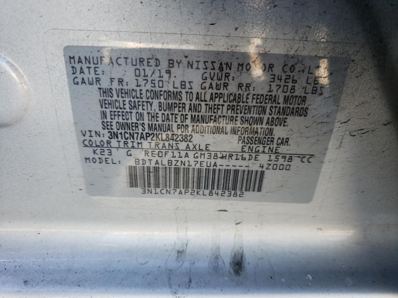 Photo 10 from auction – 2019 NISSAN VERSA S with VIN 3N1CN7AP2KL842382