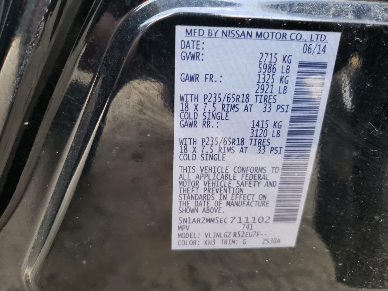 Photo 10 from auction – 2014 NISSAN PATHFINDER with VIN 5N1AR2MM5EC711102