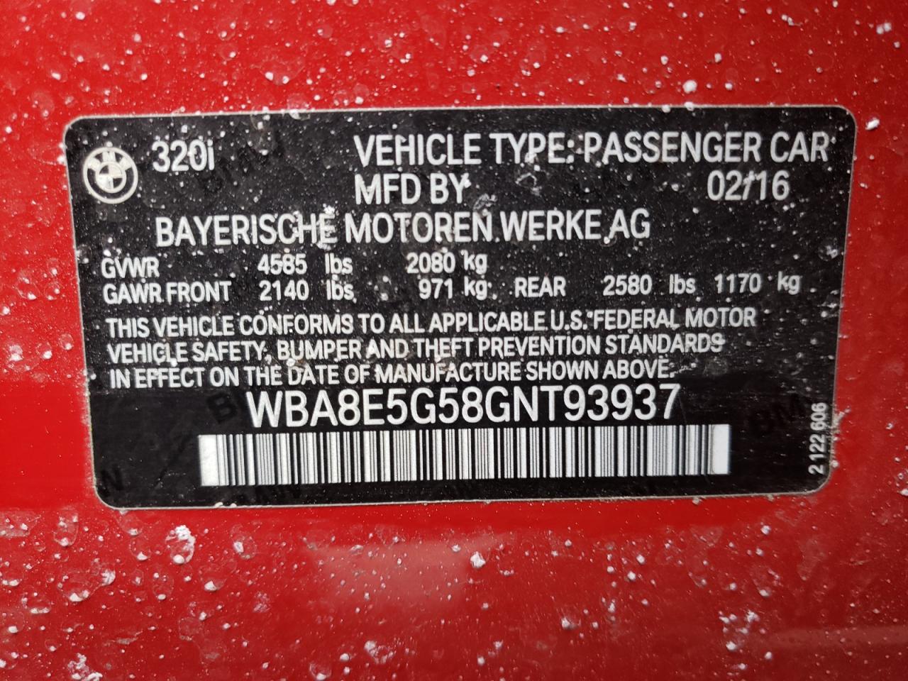 Photo 10 from auction – 2016 BMW 320 XI with VIN WBA8E5G58GNT93937