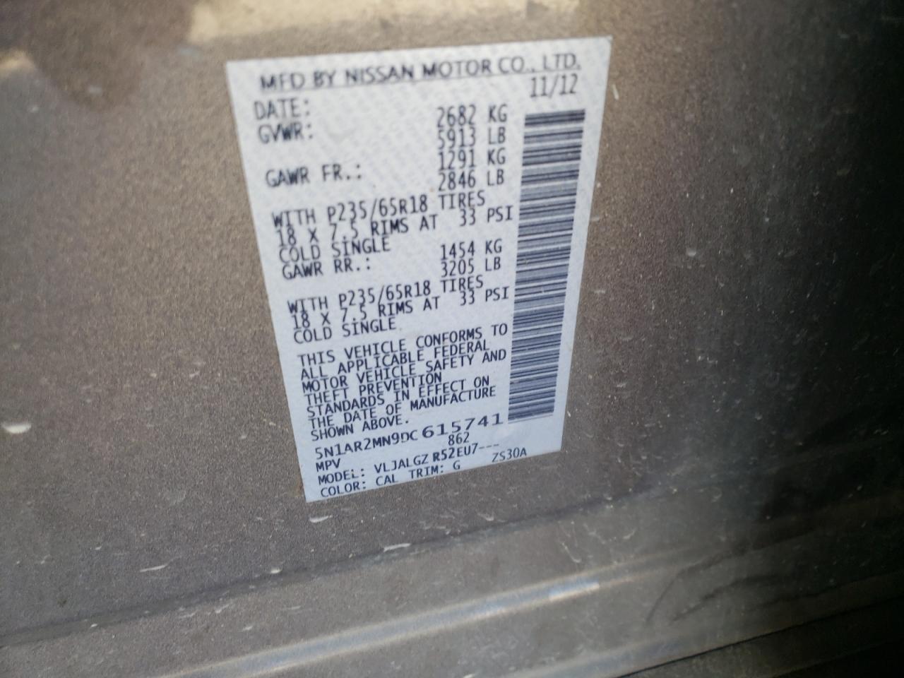 Photo 10 from auction – 2013 NISSAN PATHFINDER with VIN 5N1AR2MN9DC615741