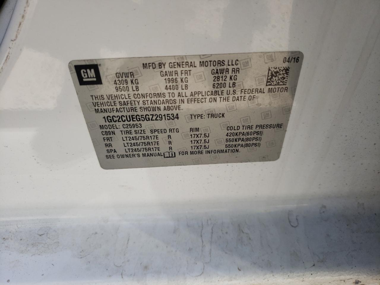 Photo 10 from auction – 2016 CHEVROLET SILVERADO with VIN 1GC2CUEG5GZ291534