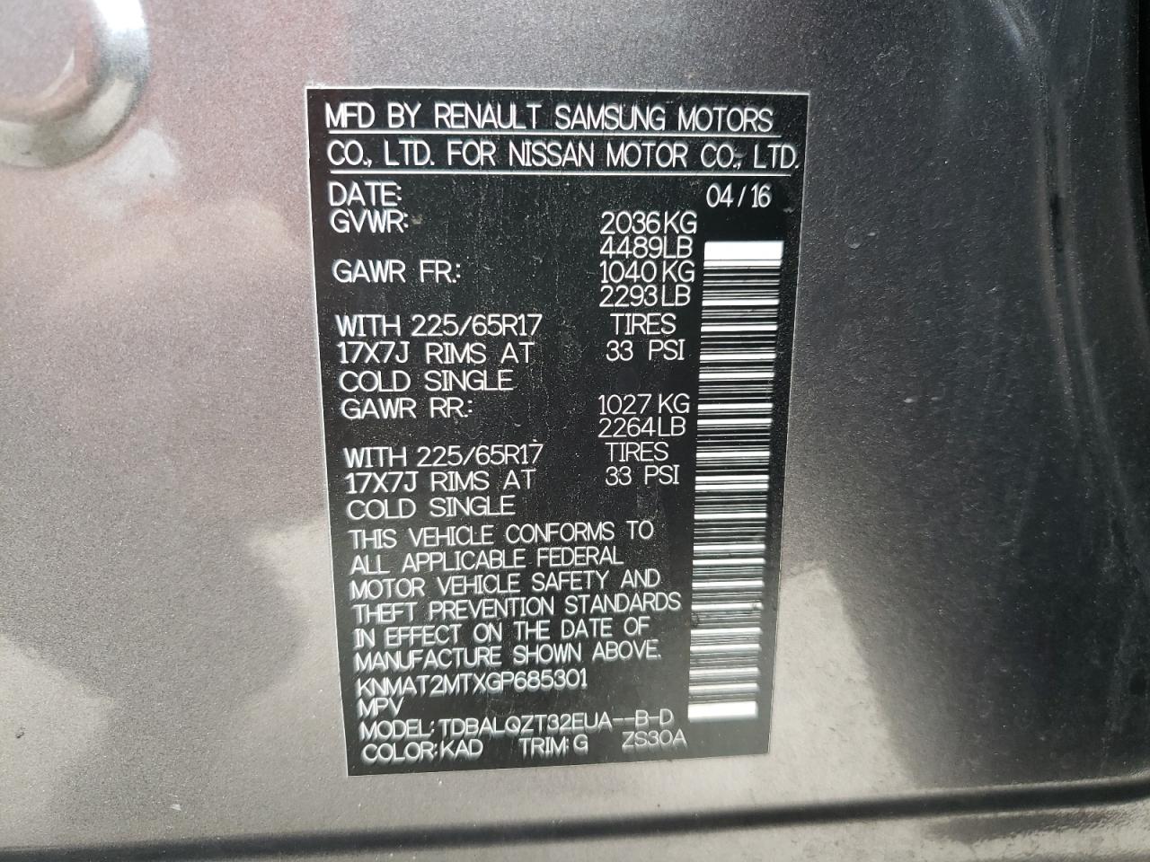 Photo 10 from auction – 2016 NISSAN ROGUE S with VIN KNMAT2MTXGP685301