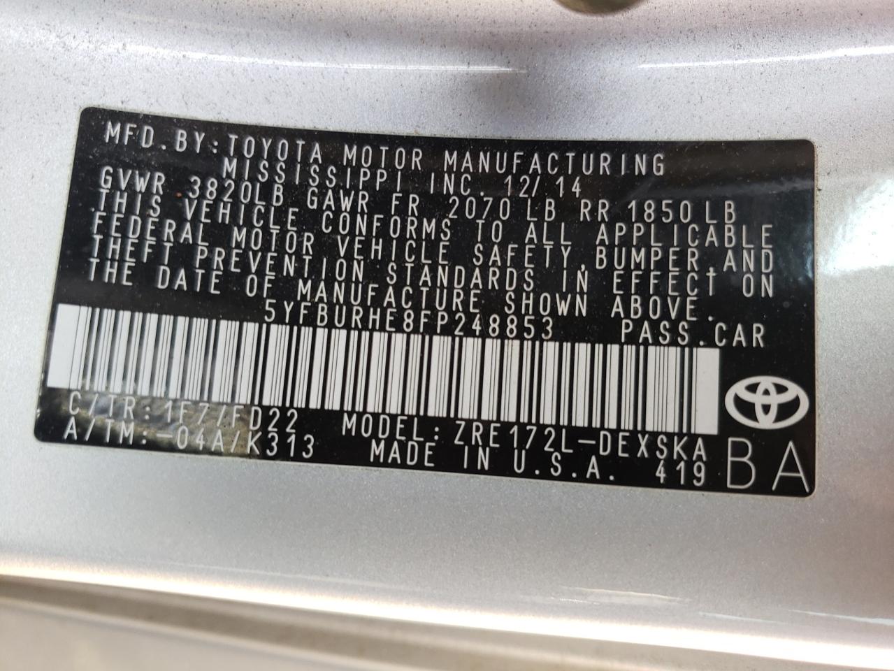 Photo 10 from auction – 2015 TOYOTA COROLLA L with VIN 5YFBURHE8FP248853