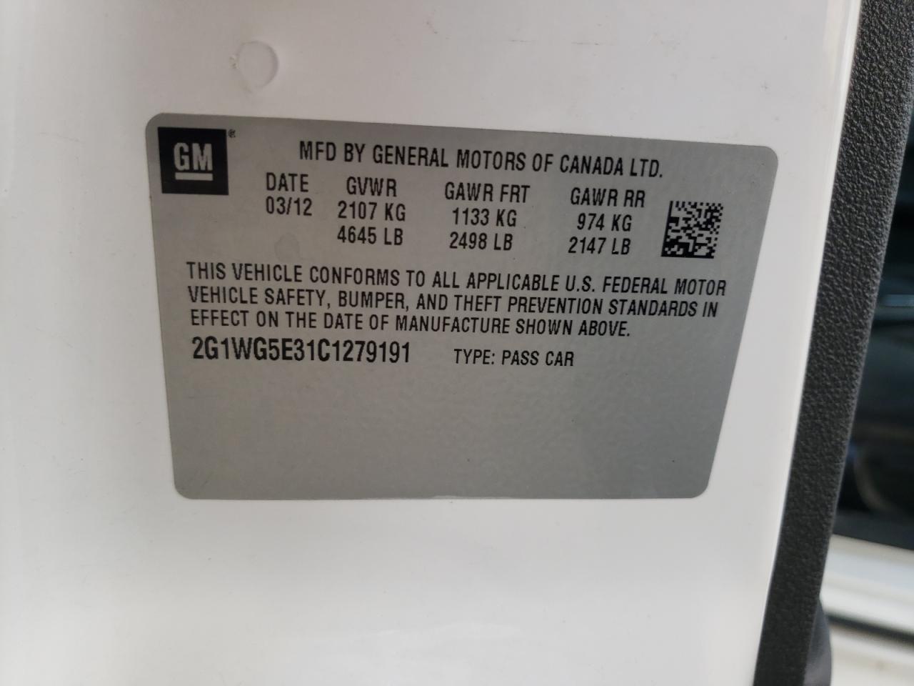 Photo 10 from auction – 2012 CHEVROLET IMPALA LT with VIN 2G1WG5E31C1279191