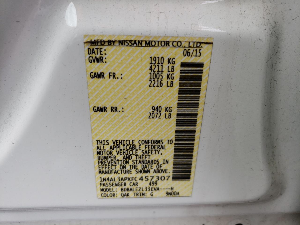 Photo 10 from auction – 2015 NISSAN ALTIMA 2.5 with VIN 1N4AL3APXFC457307