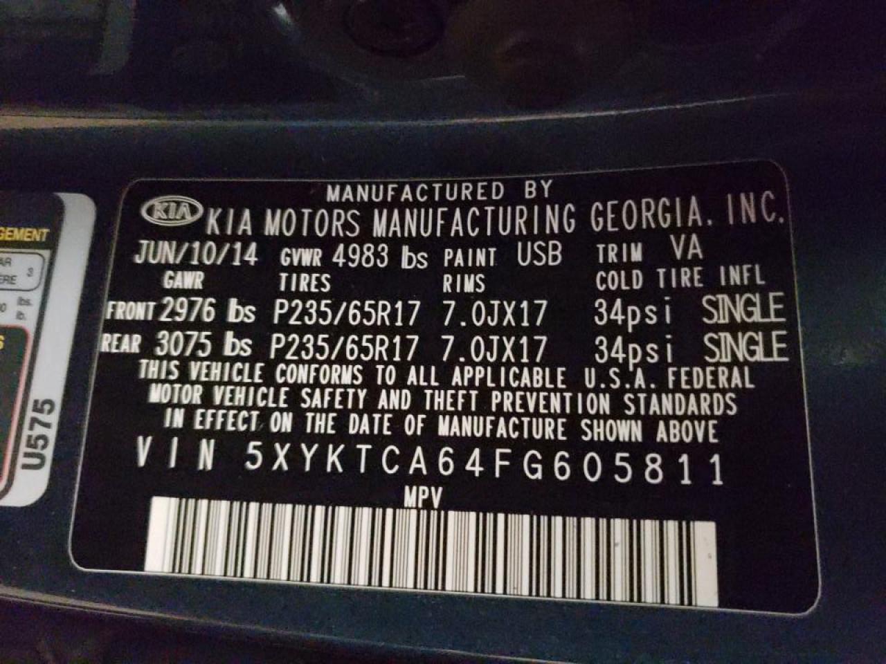 Photo 10 from auction – 2015 KIA SORENTO LX with VIN 5XYKTCA64FG605811