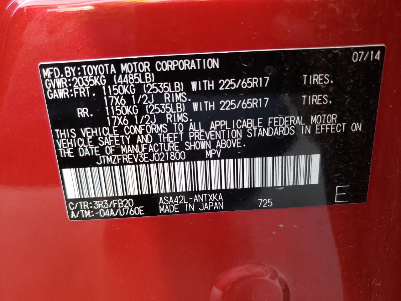Photo 10 from auction – 2014 TOYOTA RAV4 LE with VIN JTMZFREV3EJ021800