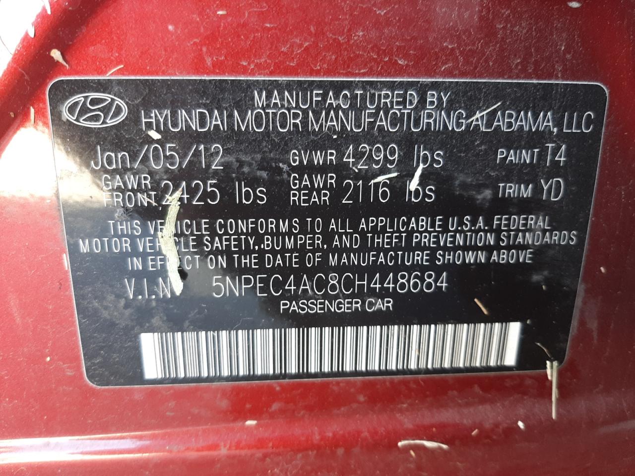 Photo 10 from auction – 2012 HYUNDAI SONATA SE with VIN 5NPEC4AC8CH448684