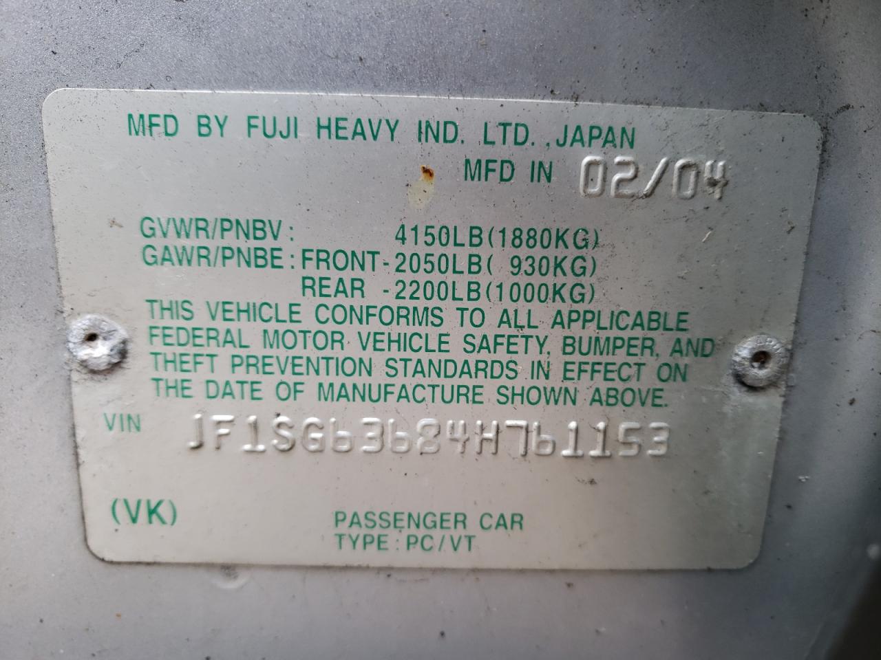 Photo 10 from auction – 2004 SUBARU FORESTER with VIN JF1SG63684H761153