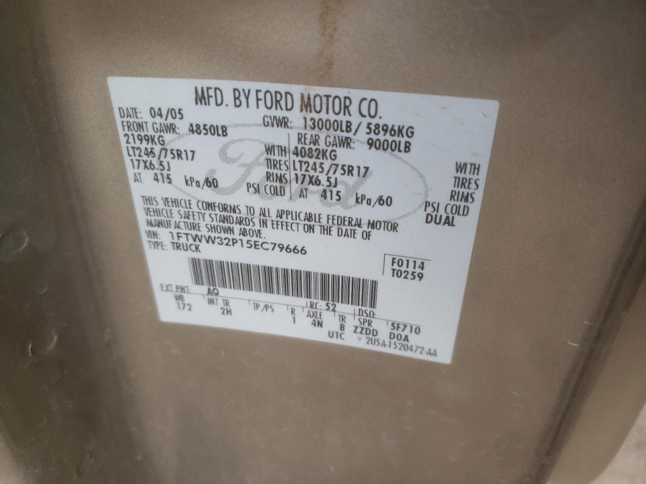 Photo 10 from auction – 2005 FORD F350 SUPER with VIN 1FTWW32P15EC79666