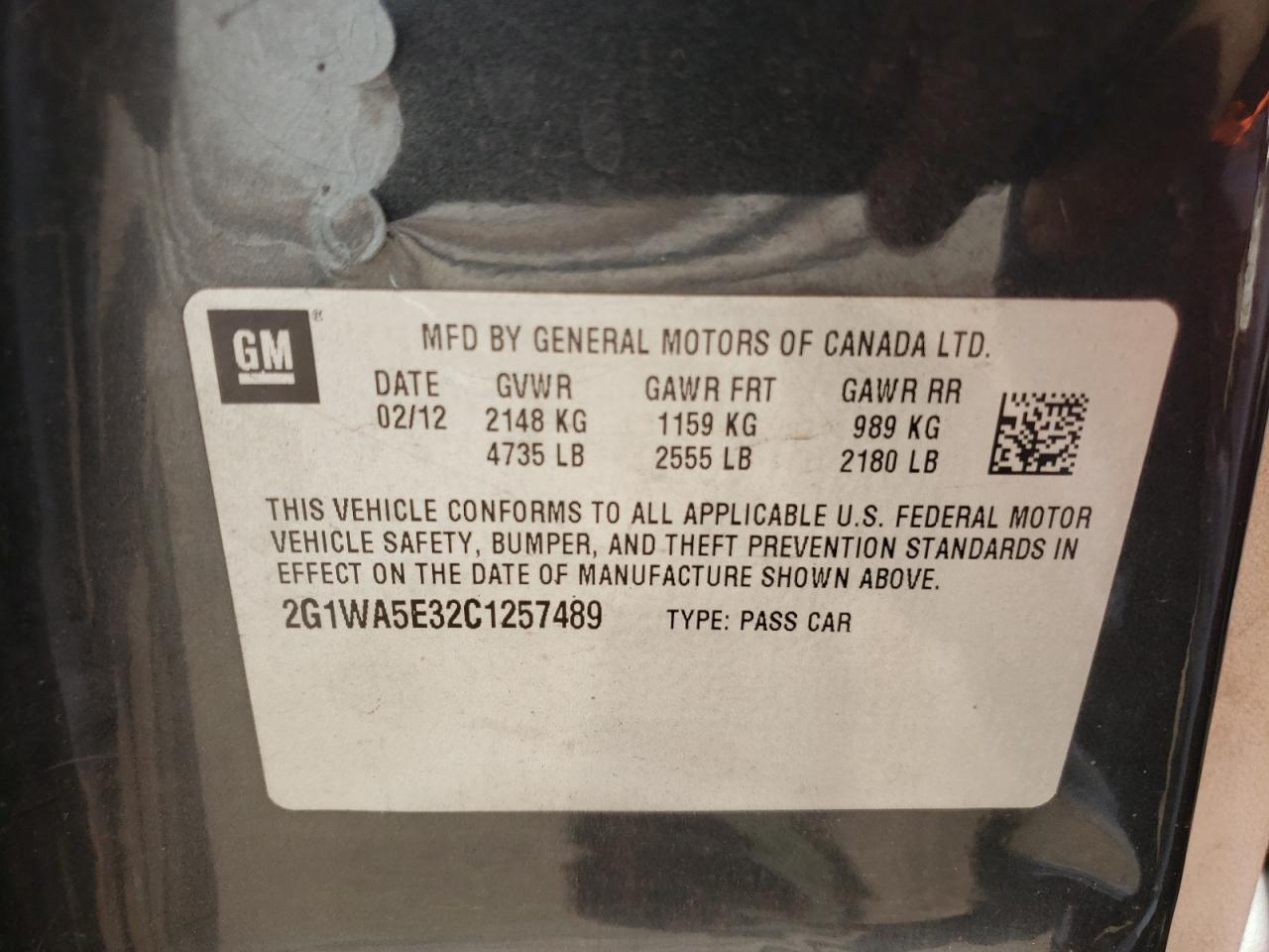 Photo 10 from auction – 2012 CHEVROLET IMPALA LS with VIN 2G1WA5E32C1257489
