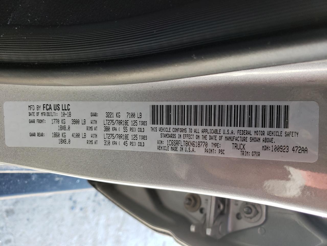 Photo 10 from auction – 2019 RAM 1500 REBEL with VIN 1C6SRFLT8KN618770