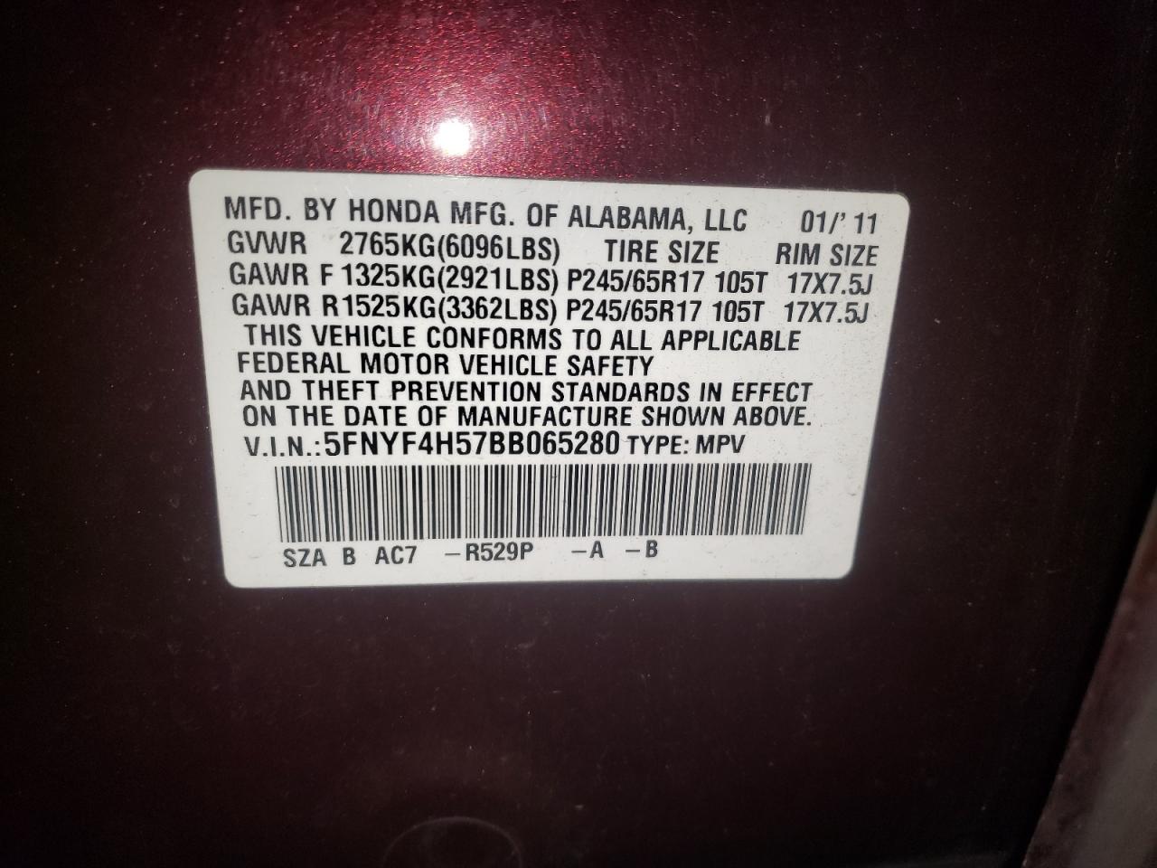 Photo 10 from auction – 2011 HONDA PILOT EXL with VIN 5FNYF4H57BB065280