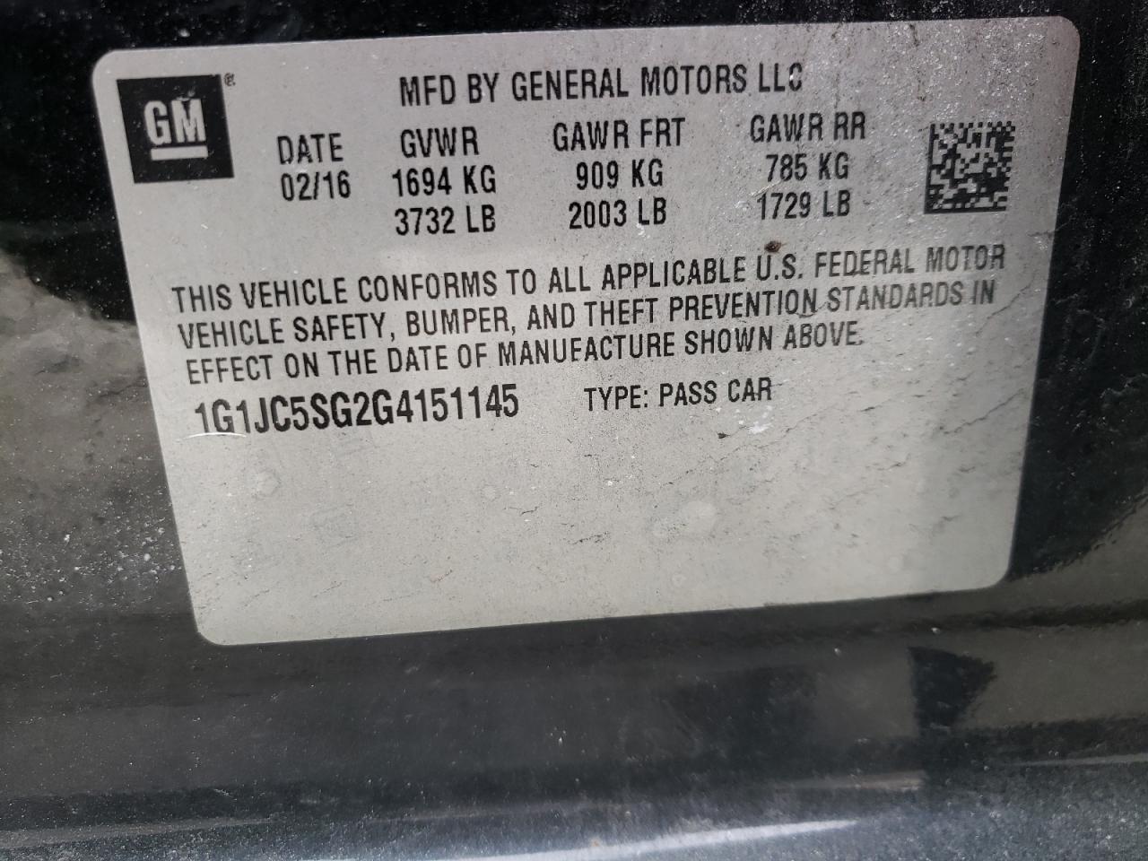 Photo 10 from auction – 2016 CHEVROLET SONIC LT with VIN 1G1JC5SG2G4151145