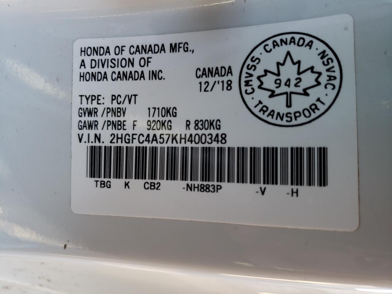 Photo 10 from auction – 2019 HONDA CIVIC LX with VIN 2HGFC4A57KH400348