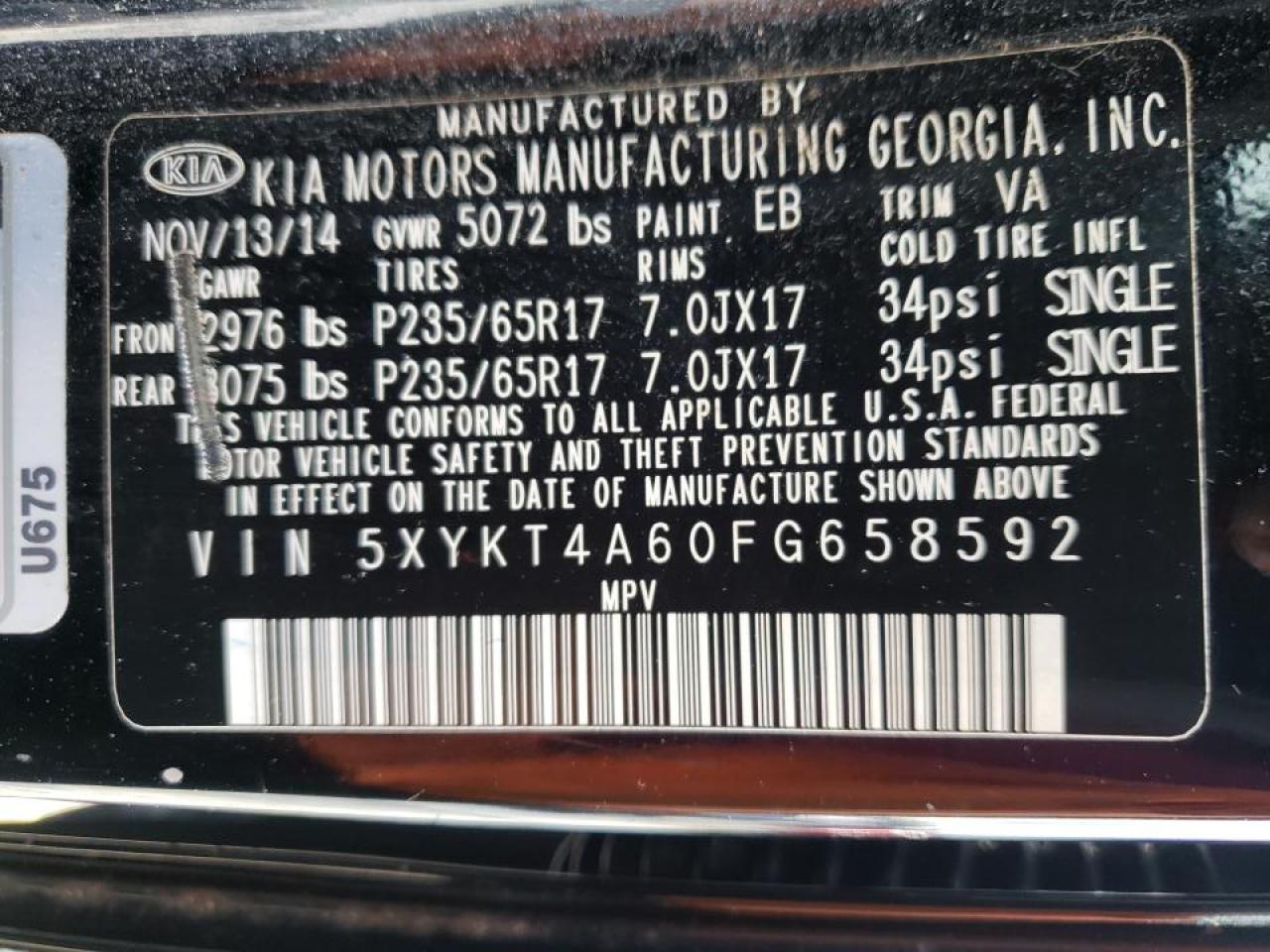 Photo 10 from auction – 2015 KIA SORENTO LX with VIN 5XYKT4A60FG658592