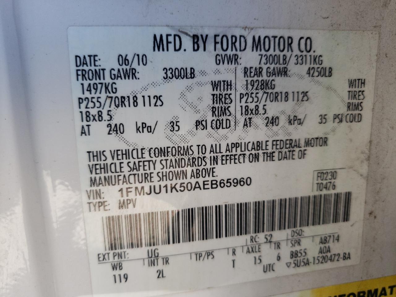 Photo 10 from auction – 2010 FORD EXPEDITION with VIN 1FMJU1K50AEB65960