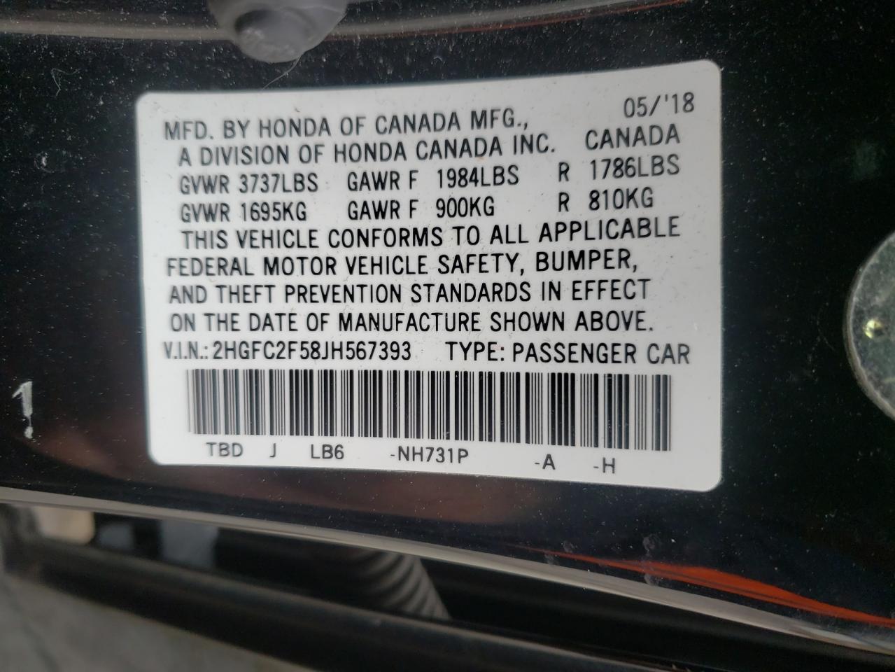 Photo 10 from auction – 2018 HONDA CIVIC LX with VIN 2HGFC2F58JH567393