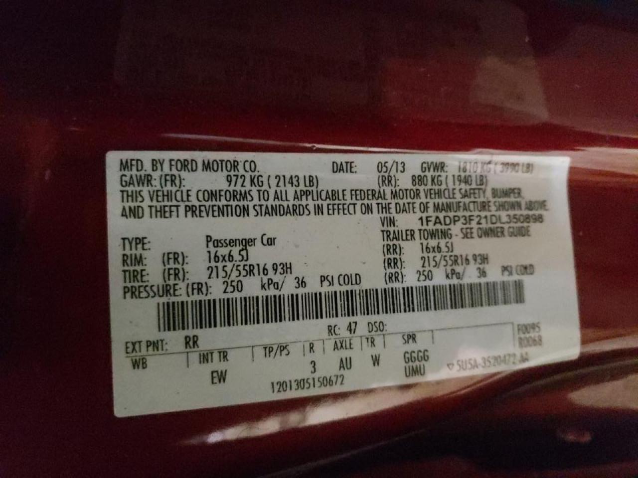 Photo 10 from auction – 2013 FORD FOCUS SE with VIN 1FADP3F21DL350898