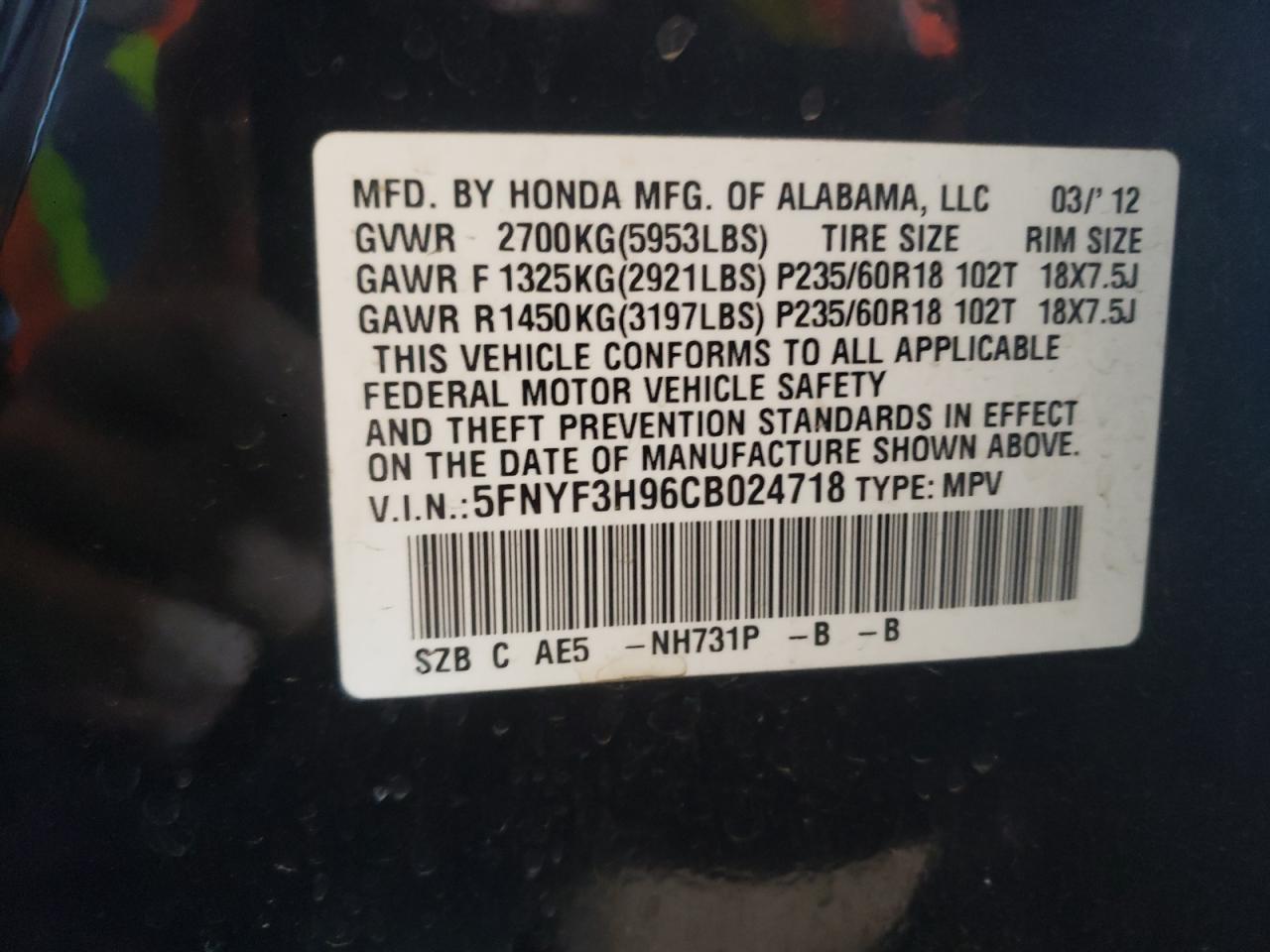 Photo 10 from auction – 2012 HONDA PILOT TOUR with VIN 5FNYF3H96CB024718