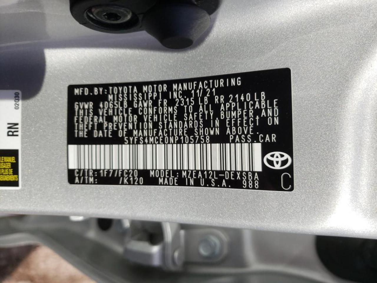 Photo 10 from auction – 2022 TOYOTA COROLLA SE with VIN 5YFS4MCE0NP105758