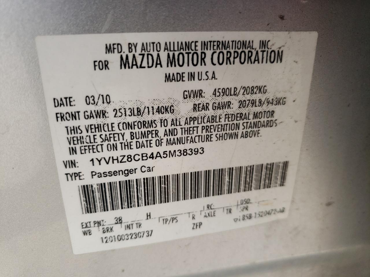 Photo 10 from auction – 2010 MAZDA 6 S with VIN 1YVHZ8CB4A5M38393