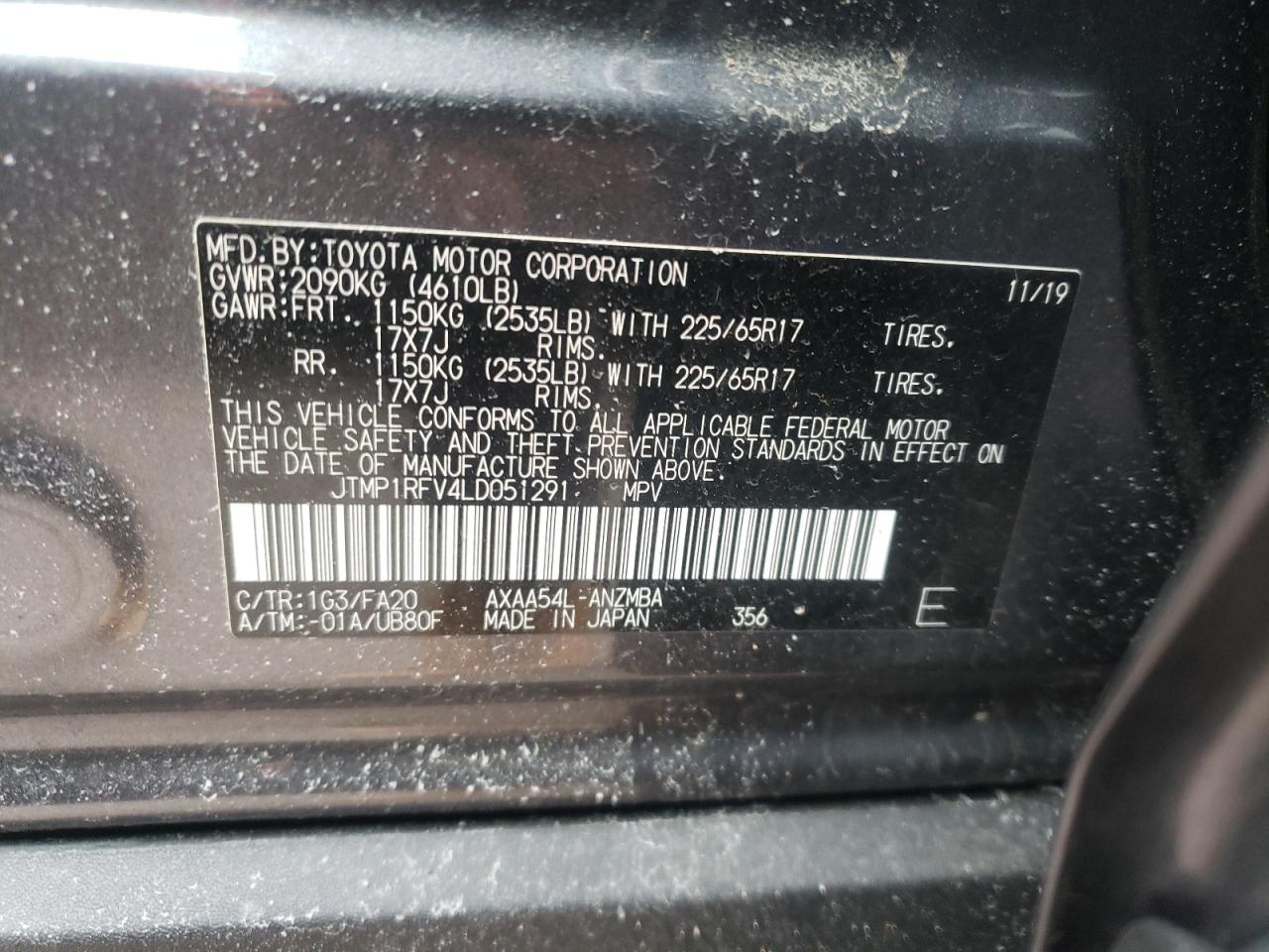 Photo 10 from auction – 2020 TOYOTA RAV4 XLE with VIN JTMP1RFV4LD051291