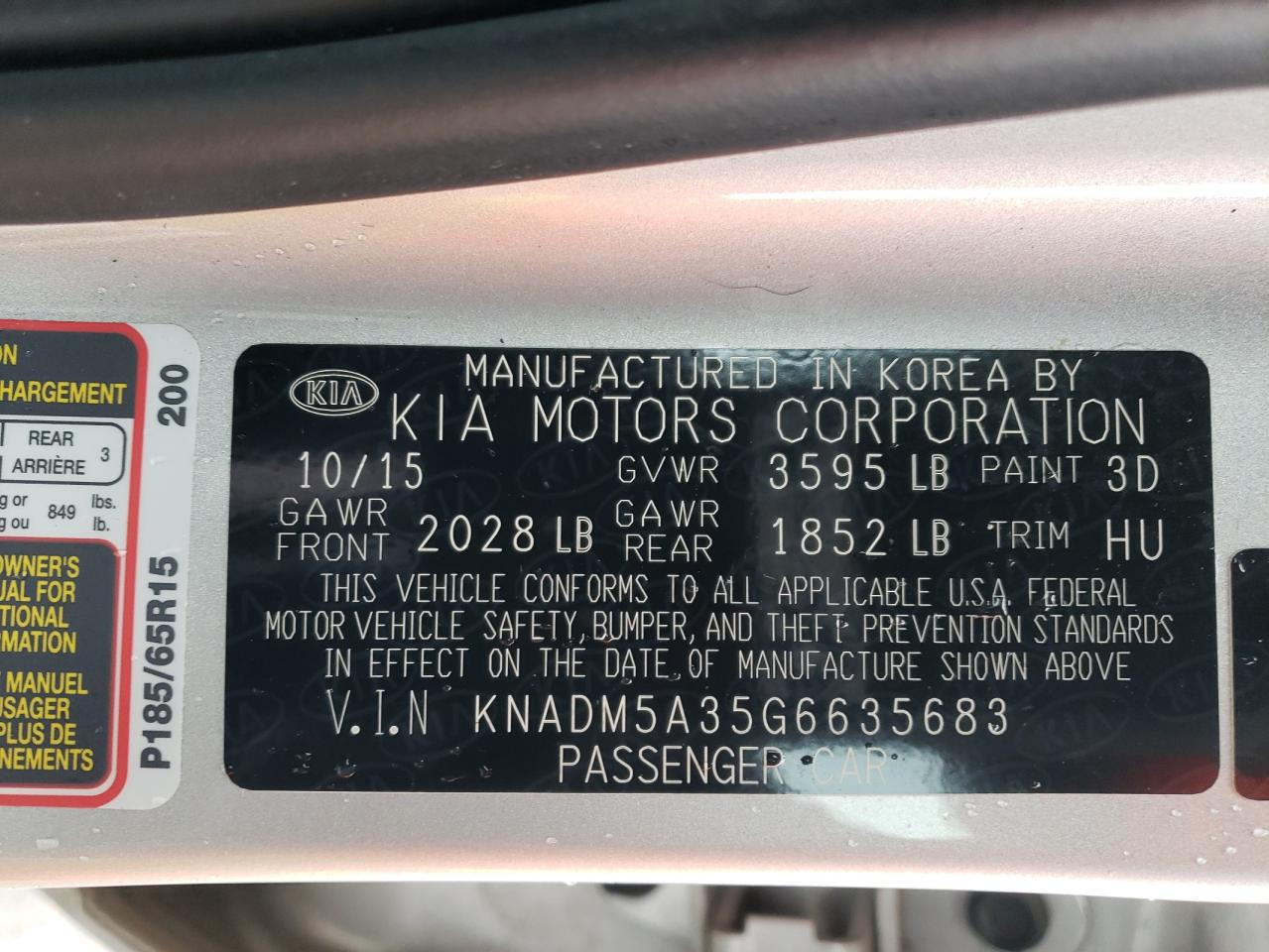 Photo 10 from auction – 2016 KIA RIO LX with VIN KNADM5A35G6635683