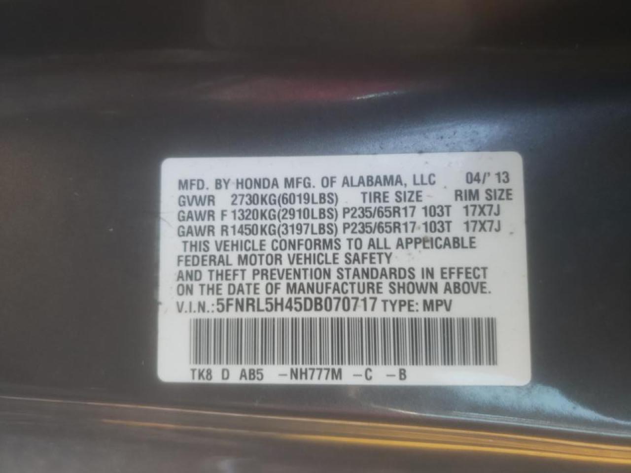 Photo 10 from auction – 2013 HONDA ODYSSEY EX with VIN 5FNRL5H45DB070717