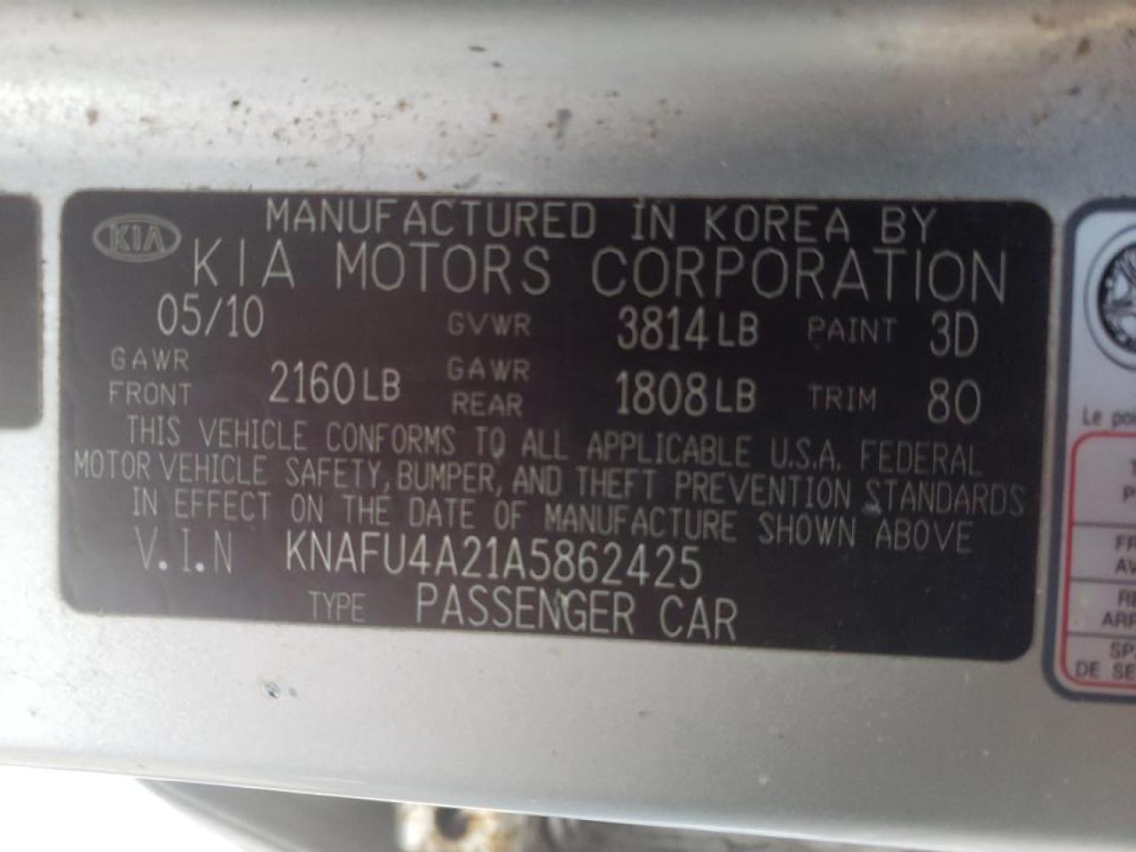 Photo 10 from auction – 2010 KIA FORTE EX with VIN KNAFU4A21A5862425