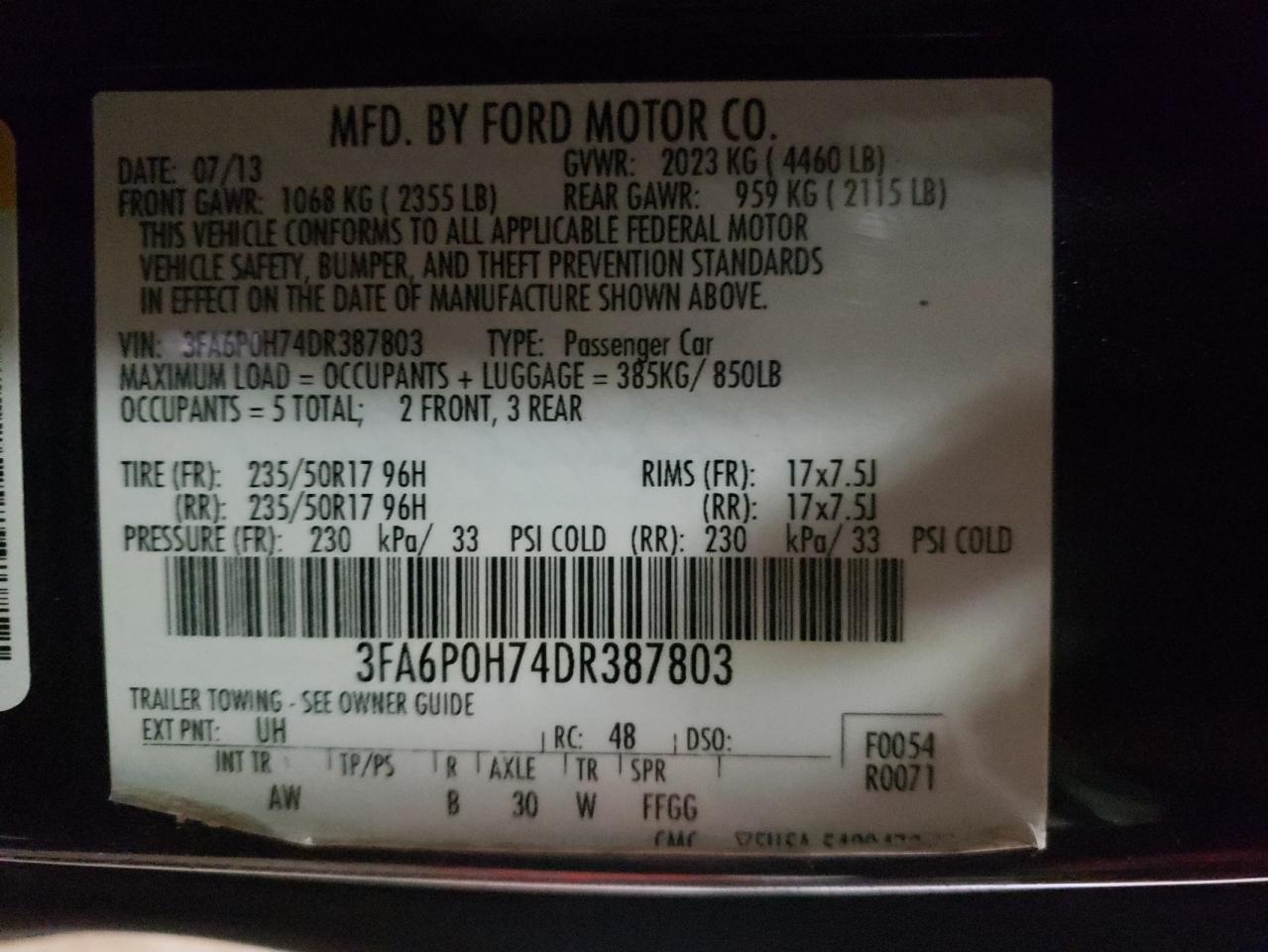 Photo 10 from auction – 2013 FORD FUSION SE with VIN 3FA6P0H74DR387803