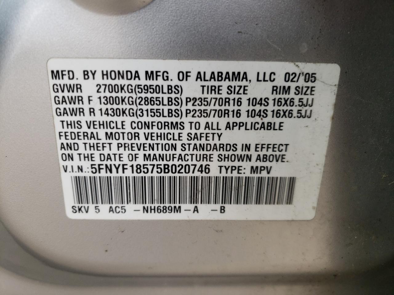 Photo 10 from auction – 2005 HONDA PILOT EXL with VIN 5FNYF18575B020746