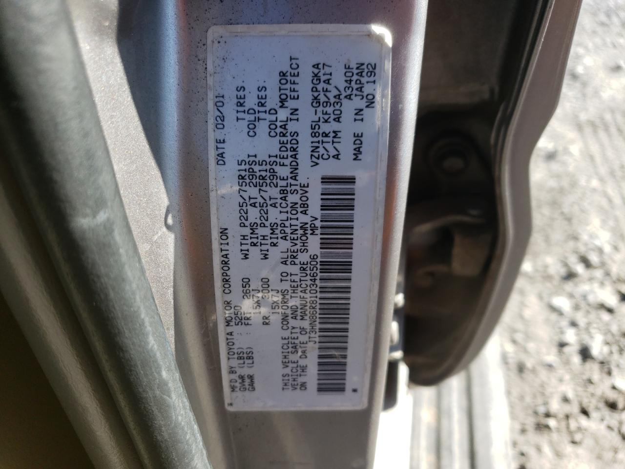 Photo 10 from auction – 2001 TOYOTA 4RUNNER SR with VIN JT3HN86R810346506