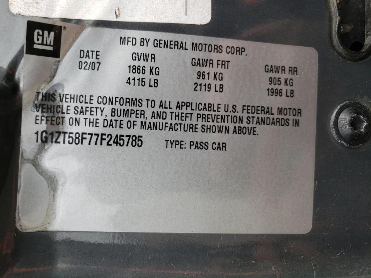 Photo 10 from auction – 2007 CHEVROLET MALIBU with VIN 1G1ZT58F77F245785